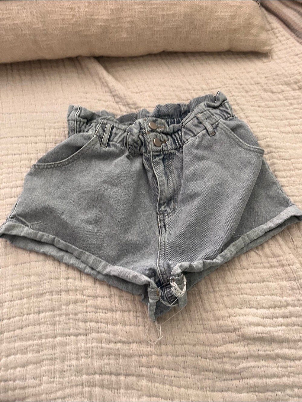 Paperbag Waist Light Wash Denim Shorts - Women's